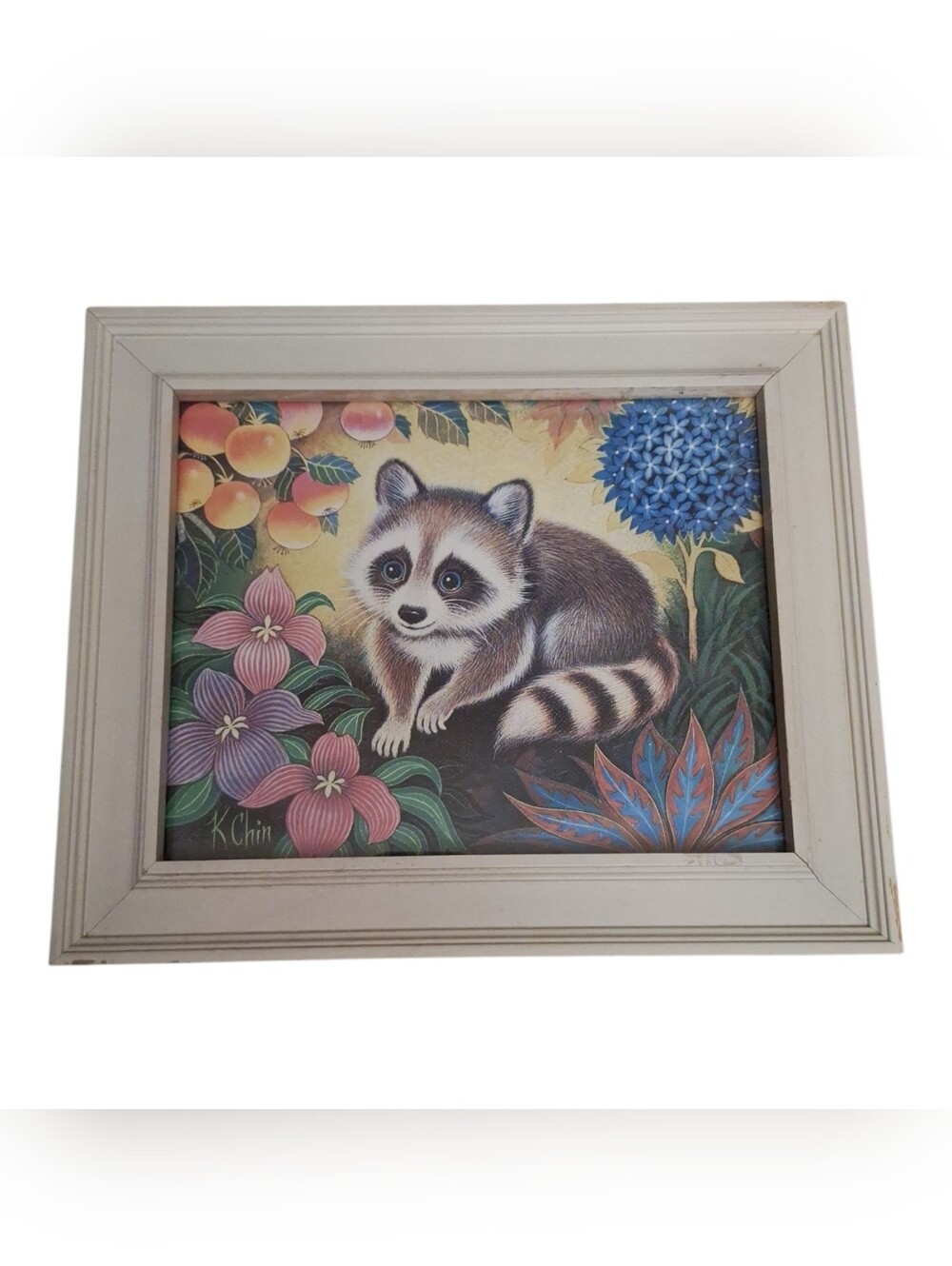 VINTAGE 1972 K. Chin Raccoon Framed Art Print